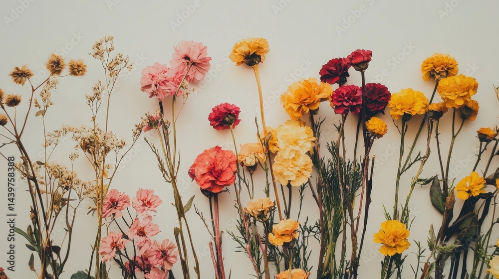 Naklejka premium Colorful array of dried flowers displayed against a minimalist background showcasing natural beauty and texture