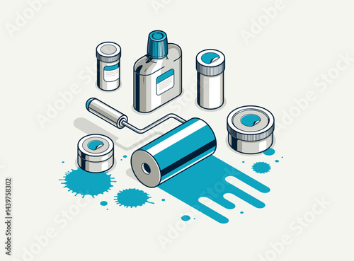 Painting walls interior vector 3D isometric illustration, diy renovation, residential flat renovate, apartment or house interior decoration.