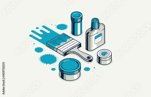 Artist decorator concept, 3D vector brush and splatters metaphor of interior decoration, or facade exterior art mural, interior designer work.