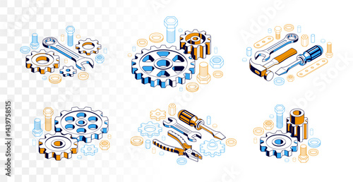 Repair and maintenance concept set, technics service, gears and tools in 3D isometric projection vector illustration, technical mechanical workshop.