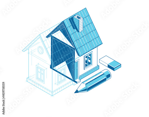 House project implementation embodiment concept, 3D isometric vector illustration of a small house building project, construction architectural model, idea in progress.