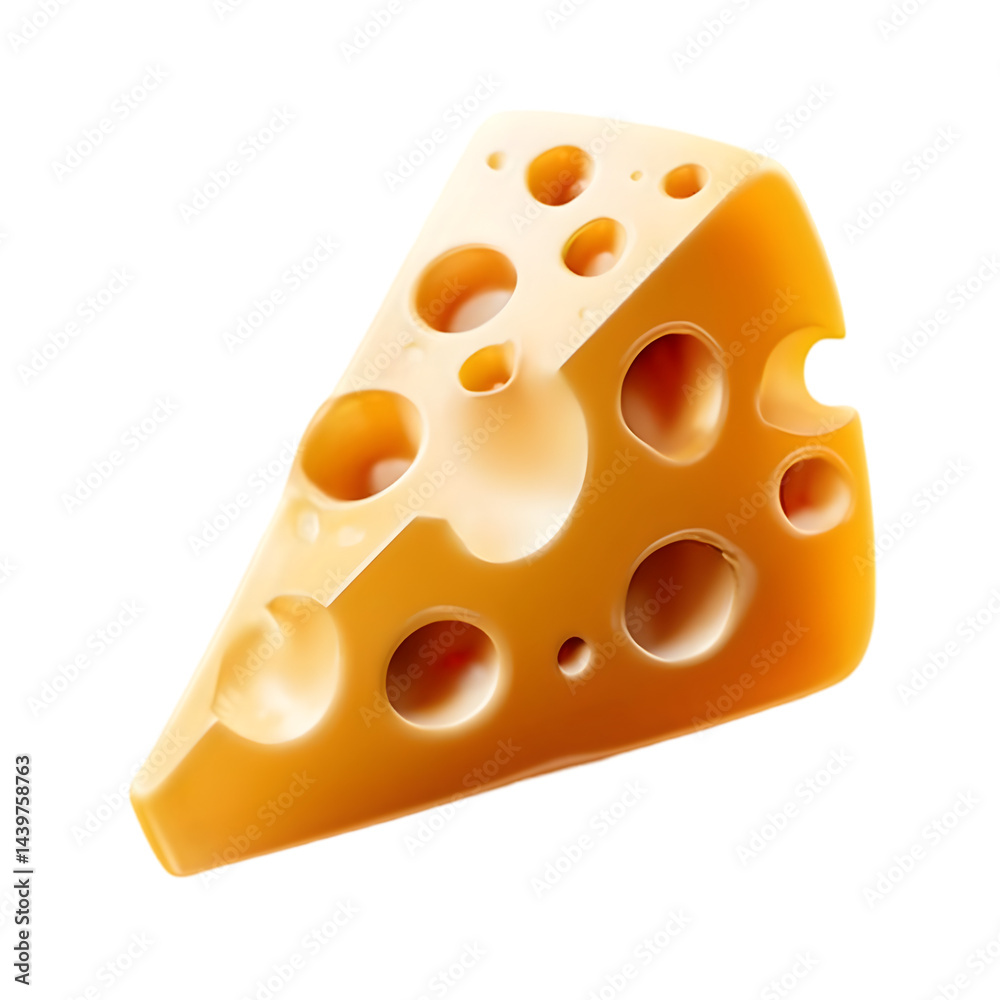 Fototapeta premium A vibrant slice of cheese featuring holes, perfect for culinary creations or food presentations in both casual and gourmet settings.