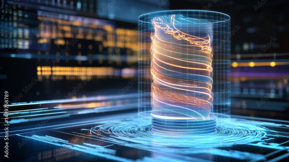 Suspended holographic simulation depicting thermal dynamics in a futuristic lab setting