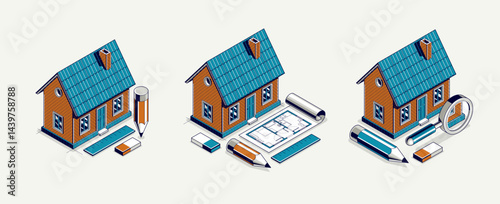 Cottage house for rest project concept set, 3D isometric vector illustration of a small house building project, countryside small house cabin in village or nature.