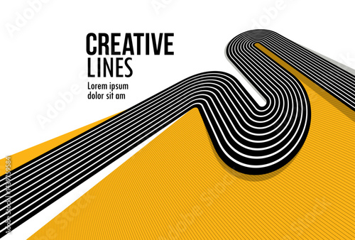 Creative lines vector abstract background, 3D perspective linear graphic design composition, stripes in dimensional rotation poster or banner.