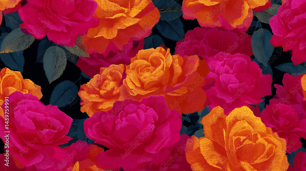 Detailed, repeating rose blossoms in vibrant colors, showcasing delicate nature-inspired floral design.