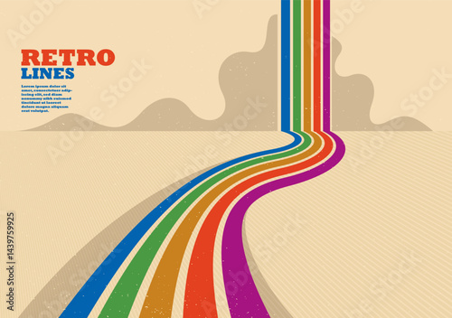 Retro style abstract background with curve lines in all colors of rainbow, 3D dimensional seventieth vector art.