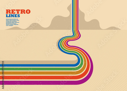 Linear vector abstract background in all colors of rainbow, retro style lines in 3D dimensional perspective, vintage poster art.