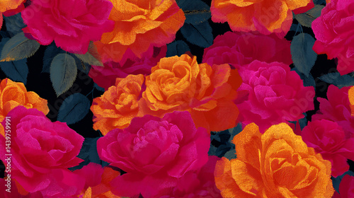 Obraz na płótnie Detailed, repeating rose blossoms in vibrant colors, showcasing delicate nature-inspired floral design. w salonie