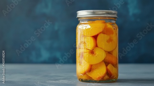 Peaches preserved in a glass jar with a metallic lid on a blue background