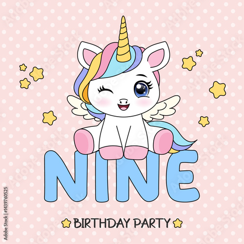 Birthday party invitation template with pastel cute unicorn. Happy Birthday concept. Ready to use and editable template. Ninth year of birth.