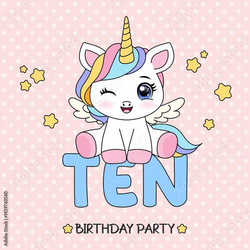 Birthday party invitation template with pastel cute unicorn. Happy Birthday concept. Ready to use and editable template. Tenth year of birth.