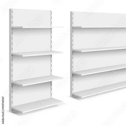 White empty supermarket shelf mockup with racks for product display. Supermarket product advertising blank. Can be use for template your design, promotion, advertising. 