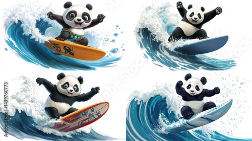 Four adorable pandas surfing ocean waves.