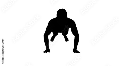 3D render : a silhouette male character performs push-up with the isolated white background, front view
