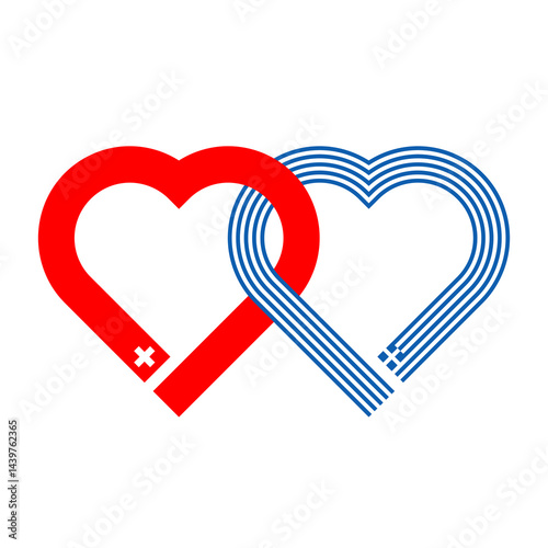 heart shaped ribbon of swiss and greek flags intertwined. vector illustration isolated on white background