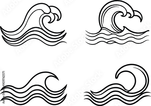 ocean wave designs in black and white line art. 