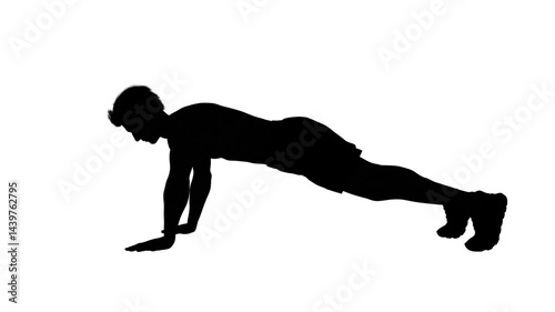 3D render : a silhouette male character performs push-up with the isolated white background, side view
