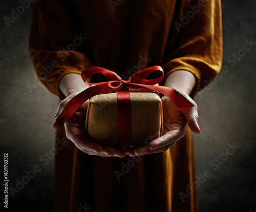 Obraz na płótnie A beautifully wrapped gift held gently, symbolizing thoughtfulness and celebration, invites curiosity and joy. w salonie