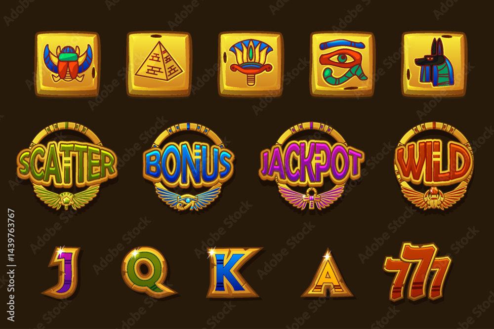 Naklejka premium Egypt golden slot symbols. Cartoon set of ancient Egyptian game icons isolated on dark background. Golden blocks, eye of Horus,lotus, scarab, pyramid and Anubis decorated, antique symbols.