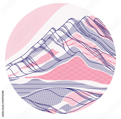 Nature art oriental Japanese style vector abstract background in a shape of circle, runny like water shapes and lines with textures.