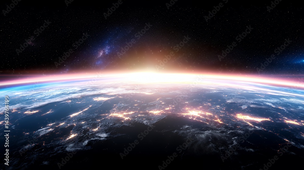 Fototapeta premium Earth View From Space with City Lights and Rising Sun