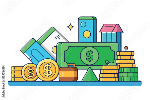 financial success featuring money, coins, credit cards, and a suitcase, symbolizing investments and wealth accumulation