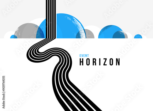 3D black and white lines in perspective with blue elements abstract vector background, linear perspective illustration op art, road to horizon.
