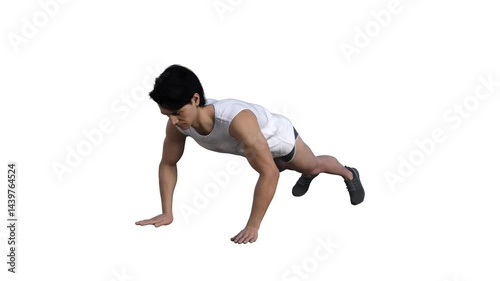3D render : a male character performs push-up with the isolated white background, 45 degrees front view
