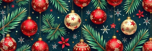 Elegant hand-drawn Christmas ornaments, seamless horizontal pattern , ornaments, baubles