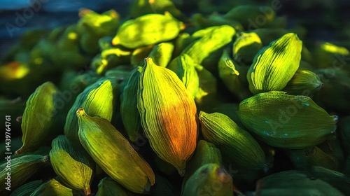 Aromatic Spice Pods: Close-up captures a vibrant collection of green spice pods, showcasing their unique texture and aromatic appeal.