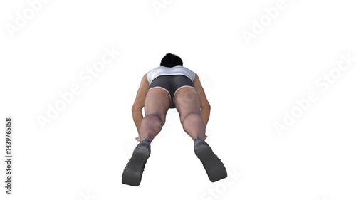 3D render : a male character performs push-up with the isolated white background, back view
