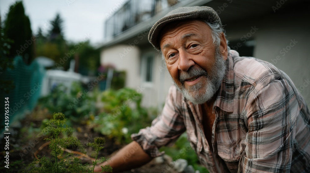 Fototapeta premium Elderly Man Gardening in Backyard, Smiling Man Working in Vegetable Garden, Active Senior Horticulture, Mature Man Outdoors