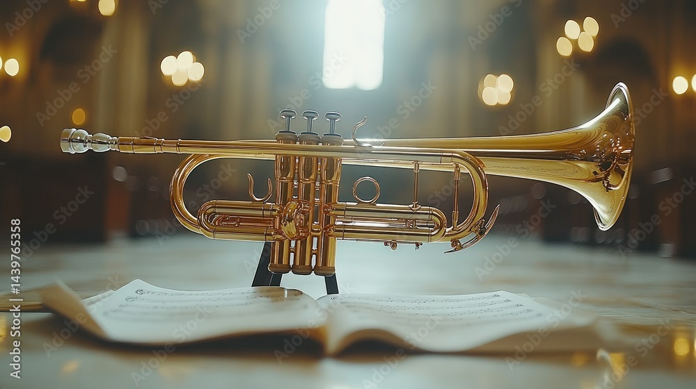Obraz premium Trumpet rests sheet music open church ambiance