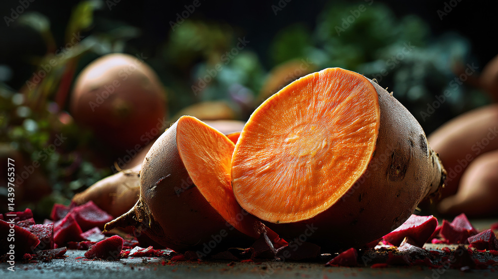 A deliciously vibrant sweet potato sits cut open, showcasing its rich orange interior against a backdrop of earthy tones, inviting viewers to explore its culinary potential.