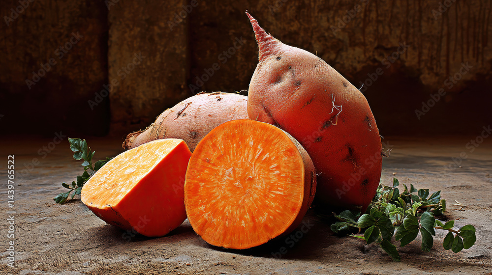 A stunning arrangement of whole and halved sweet potatoes resting on a textured surface, showcasing their bright orange flesh and earthy tones.