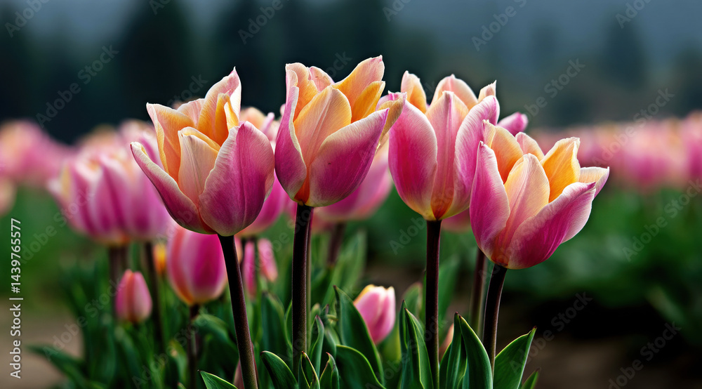 A stunning close-up of pink and yellow tulips swaying gently in the breeze, surrounded by lush green foliage.