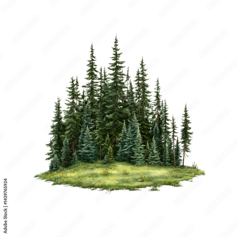 Fototapeta premium Evergreen Forest Island Illustration - Lush Coniferous Trees on a Grassy Clearing