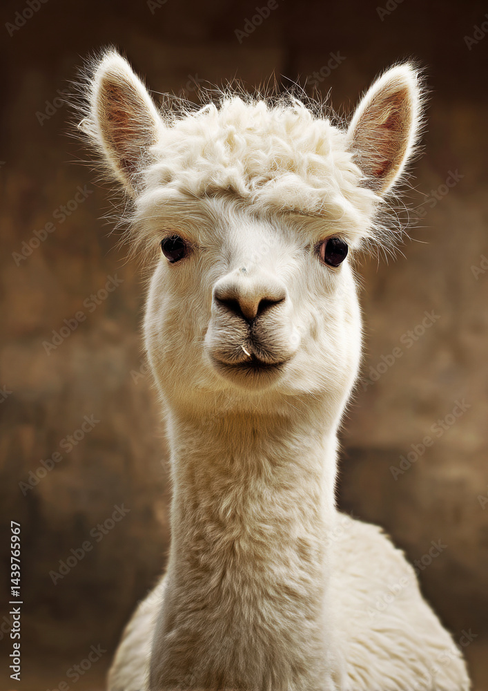 This charming portrait captures an alpaca with soft, fluffy fur and enchanting eyes, showcasing its gentle demeanor.