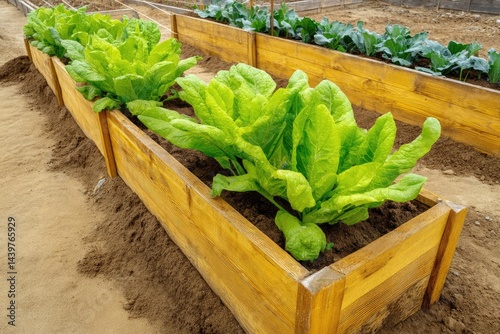 Raised garden beds filled with vibrant greens