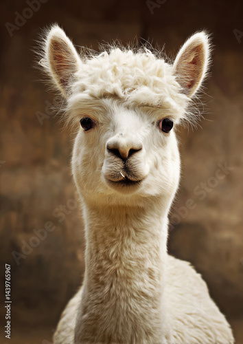 Obraz na płótnie This charming portrait captures an alpaca with soft, fluffy fur and enchanting eyes, showcasing its gentle demeanor. w salonie
