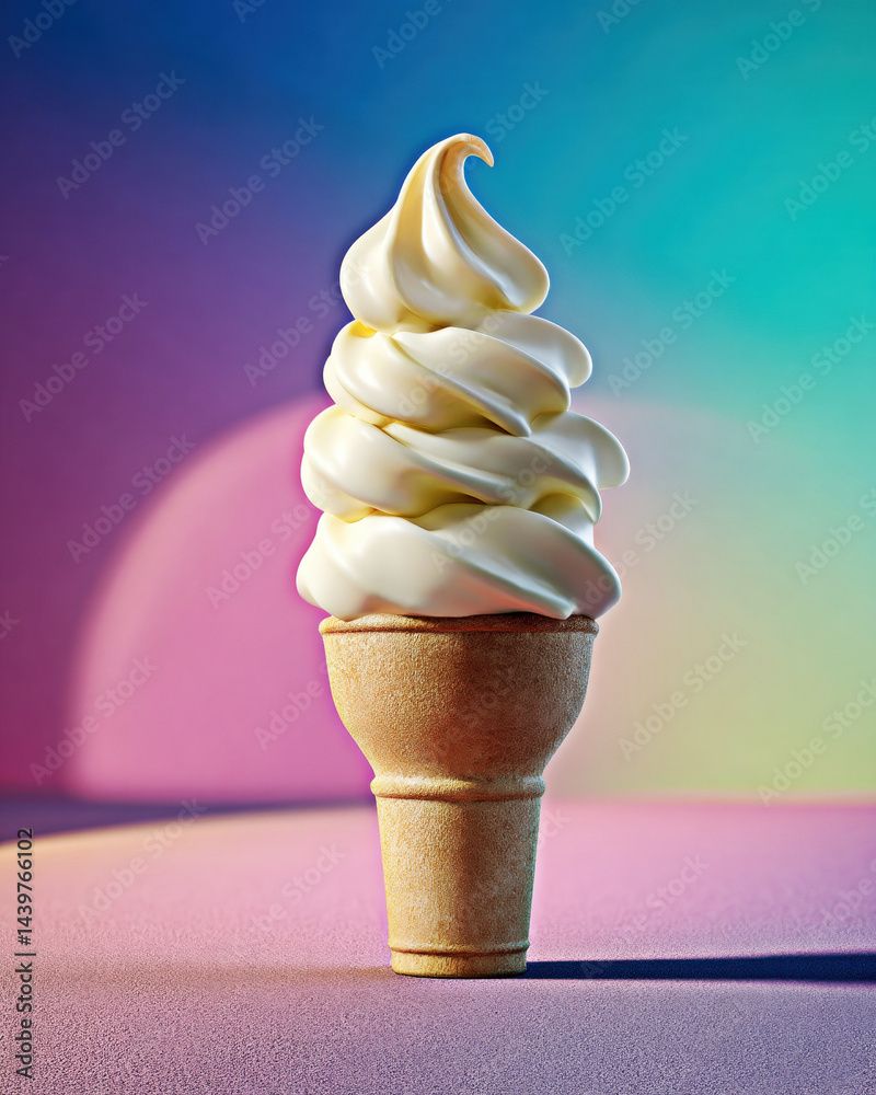A beautifully swirled soft serve ice cream cone, standing against a vibrant, colorful background, evokes feelings of nostalgia and joy.