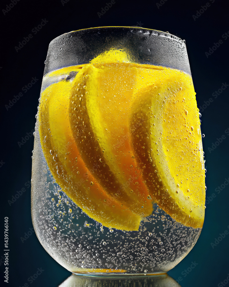 A refreshing glass filled with sparkling water and vibrant lemon slices, evoking thirst-quenching sensations.