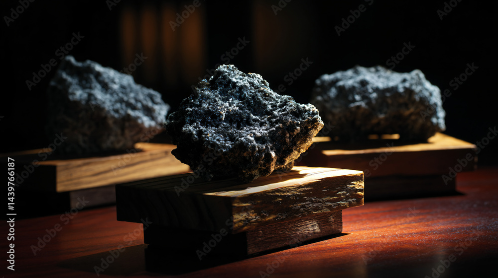 Display of volcanic rocks on natural wooden stands.