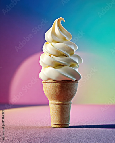Obraz na płótnie A beautifully swirled soft serve ice cream cone, standing against a vibrant, colorful background, evokes feelings of nostalgia and joy. w salonie