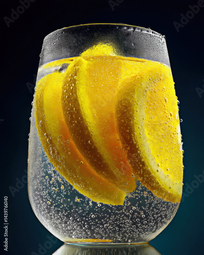 Obraz na płótnie A refreshing glass filled with sparkling water and vibrant lemon slices, evoking thirst-quenching sensations. w salonie