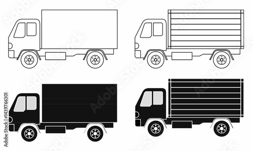 Set of box truck and cargo truck vector icons in black and white. Perfect for transport, delivery, logistics, shipping, and commercial vehicle designs.