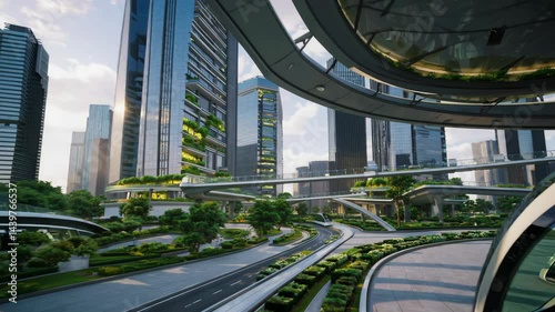 Futuristic, green, eco friendly public transport glides through an elevated, serene cityscape, showcasing sustainable urban development and innovative transportation solutions