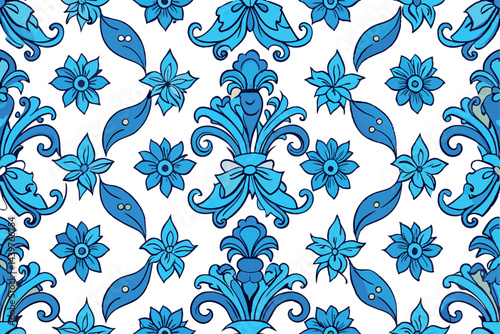 Ornate damask floral design in shades of blue, featuring bows and flowers, perfect for textile patterns and wallpaper applications