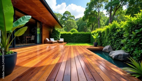 Modern home's ipe wood deck, tropical hardwood, low angle , modern house, low angle, ipe wood